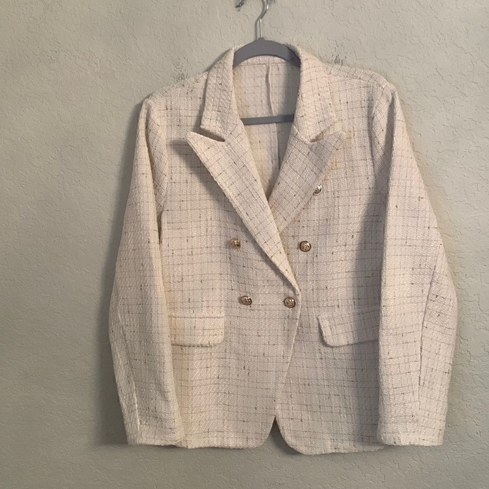Shein Tweed White Embellished Blazer Size 12